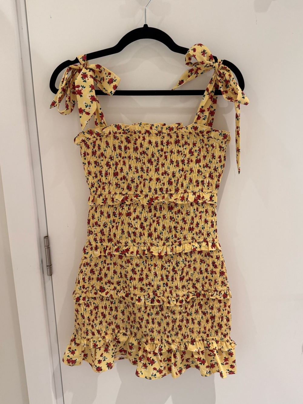 Yellow Floral Smocked Tie-Shoulder Mini Dress